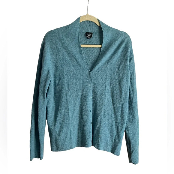 EILEEN FISHER TEAL WOOL CARDIGAN SWEATER - Picture 1 of 3
